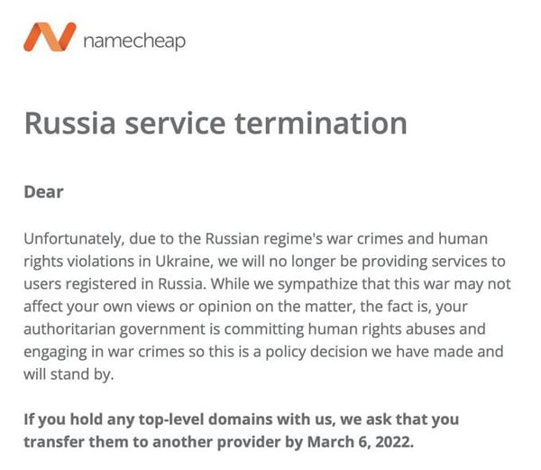 Namecheap kündigt allen Nutzern einer ru Domain